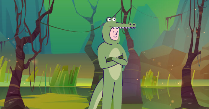 A man wearing an alligator suit