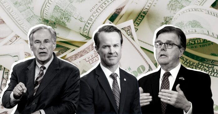 Abbott, Dade Phelan, Dan Patrick, surrounded by money